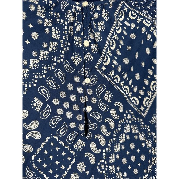 Old Navy Bandana Print Smocked Shoulder Poet Blouse XL Blue Boho Coastal Cowgirl - Picture 7 of 10